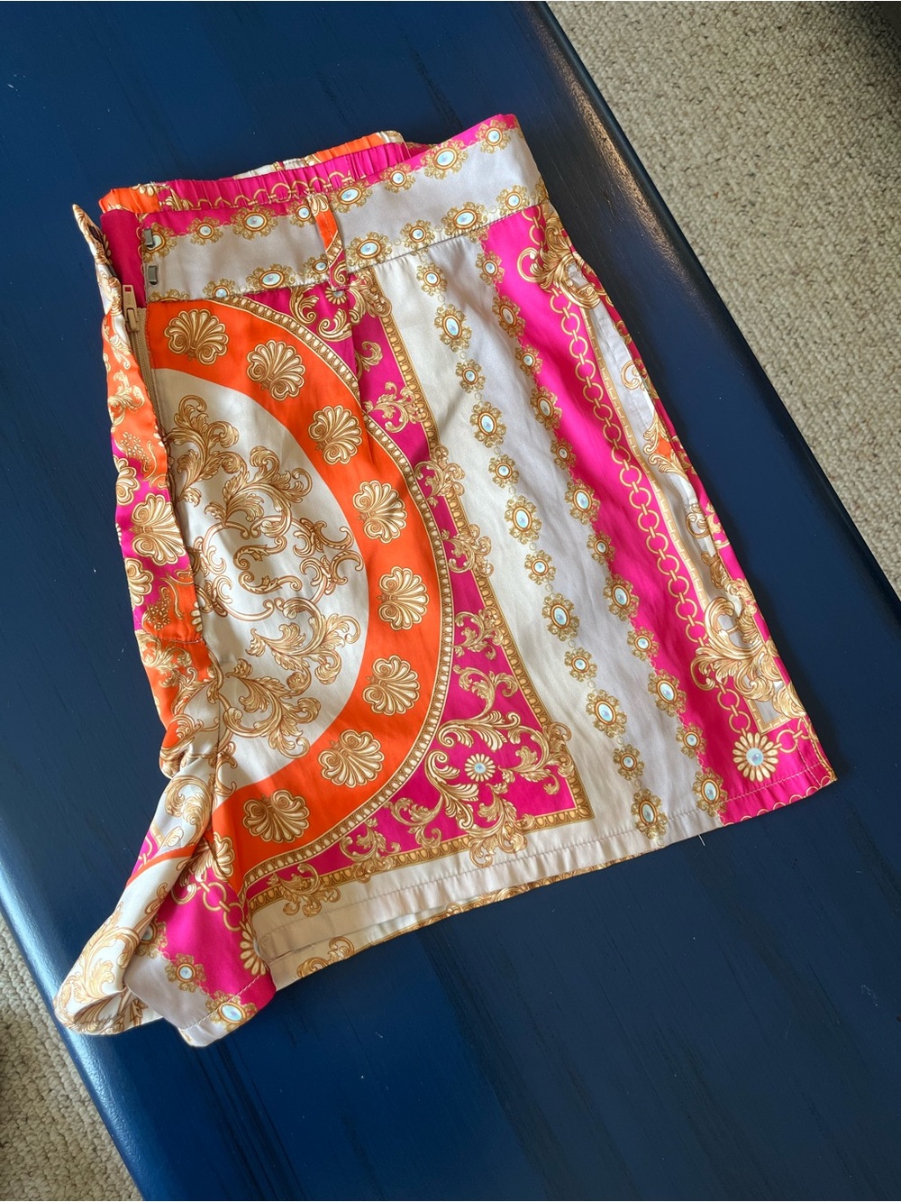 Dynamite Fuchsia and Orange Baroque Print Satin Skirt